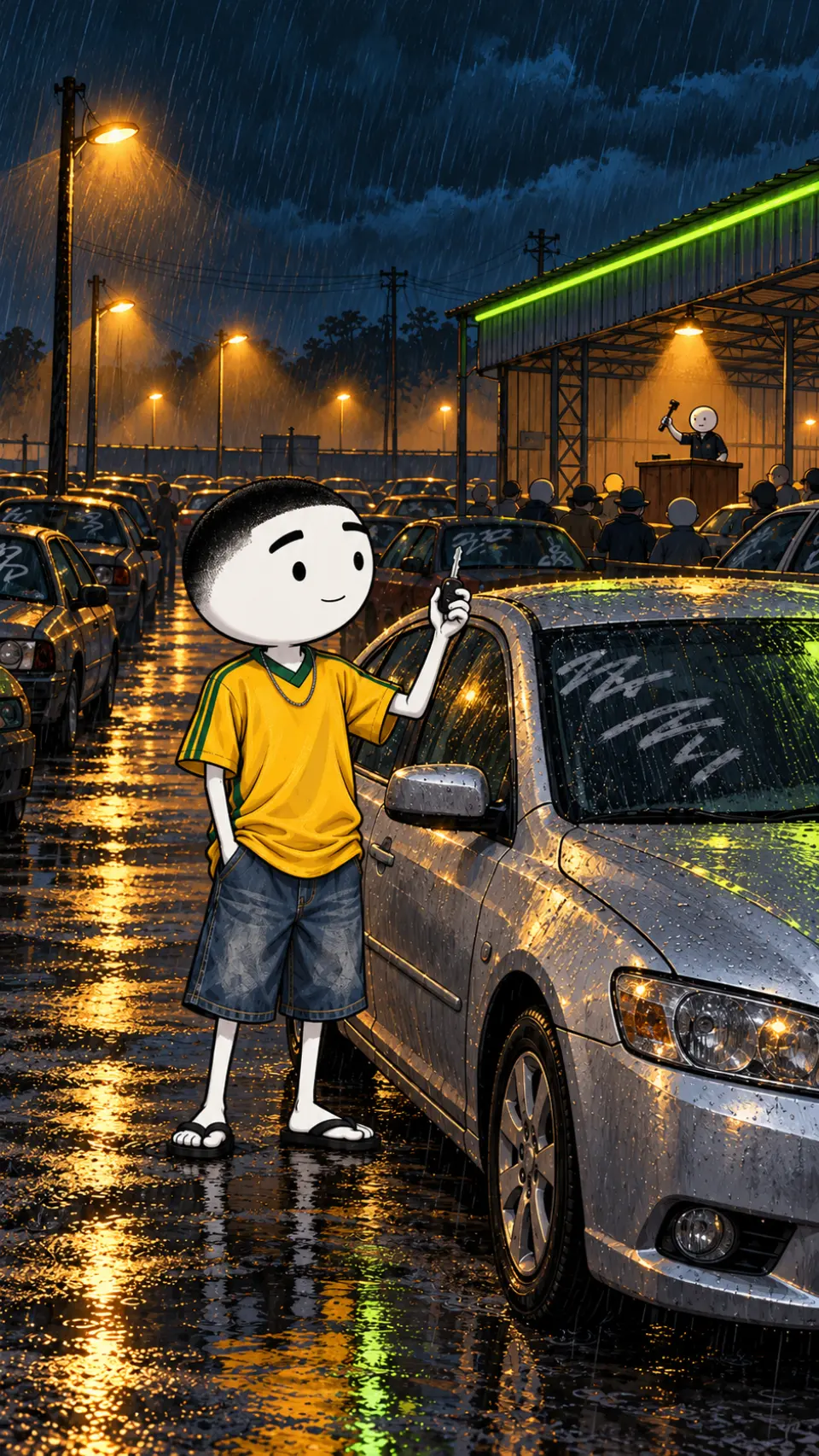 Você no pátio de leilão à noite, ao lado do sedã prata, chave na mão