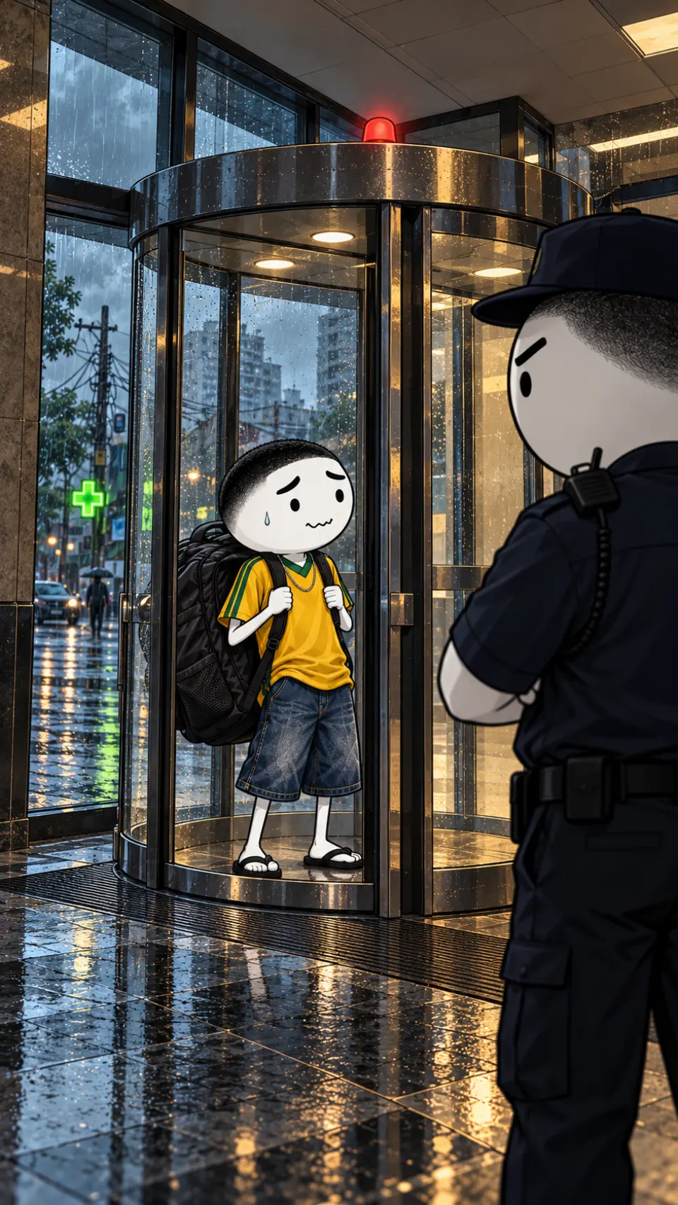 Você travado na porta giratória do banco, o segurança olhando a mochila