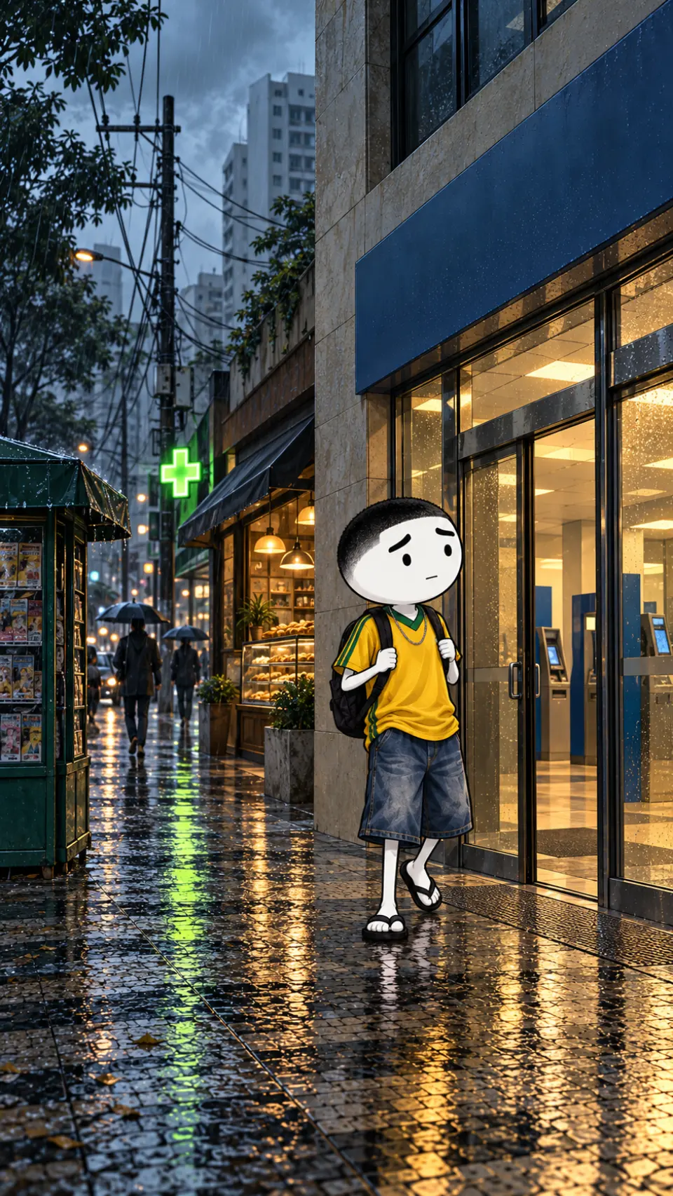 Agência bancária numa avenida com padaria e banca de jornal ao lado